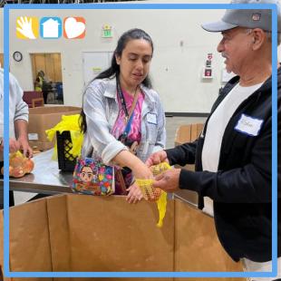 Woman putting on gloves and volunteering